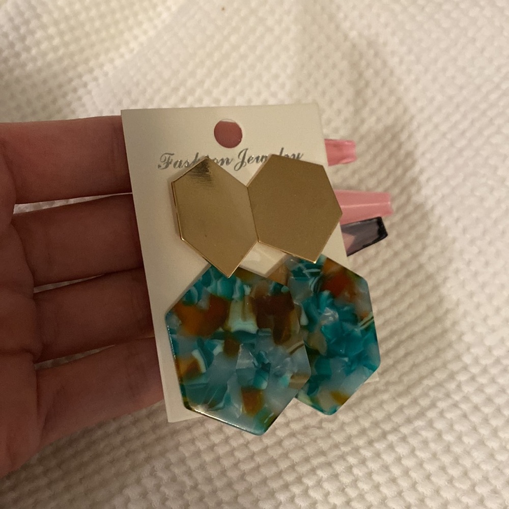 Womens teal and gold earrings and brown